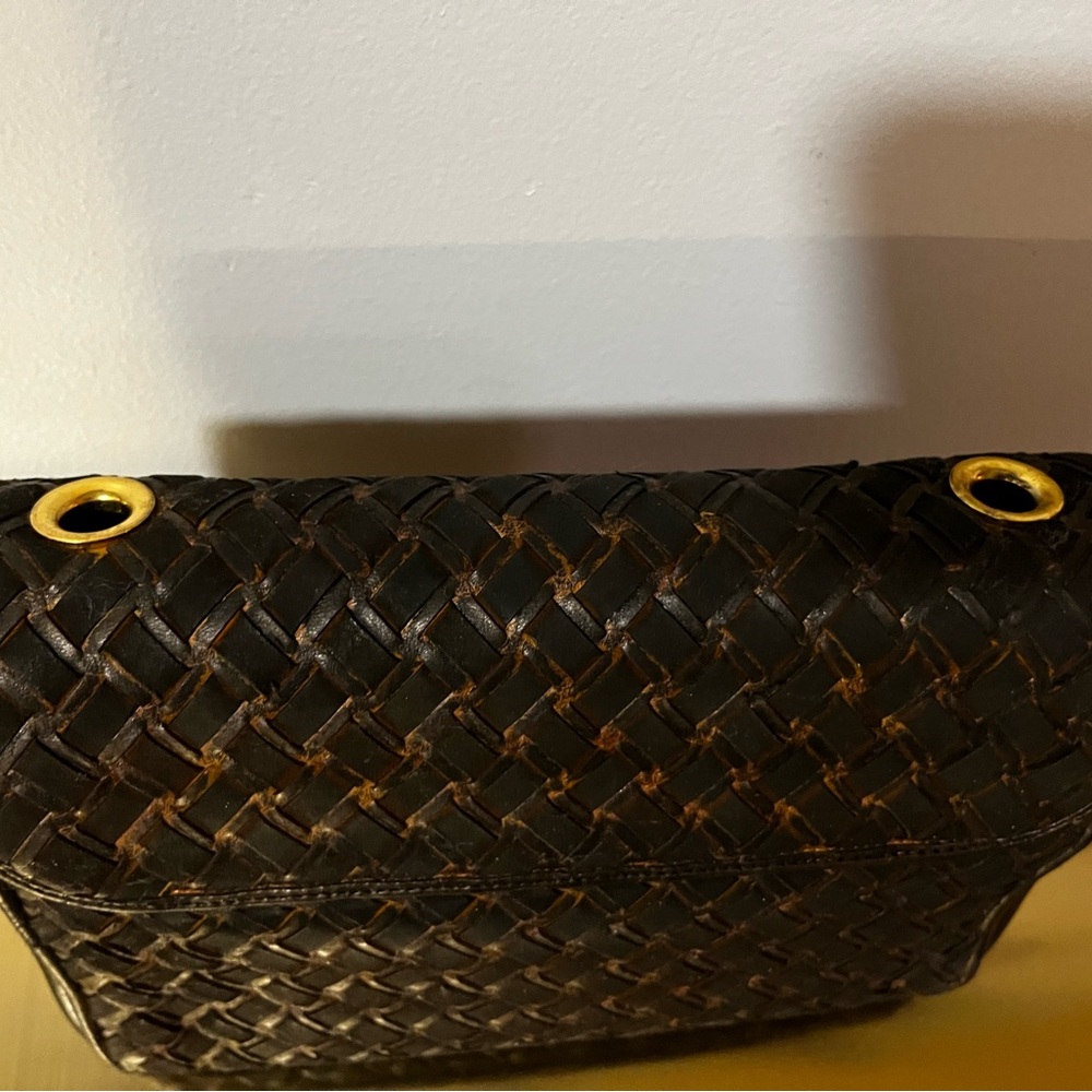 Bally Vintage Woven Leather Clutch Black Gold Turn Lock Italy - Picture 12 of 16
